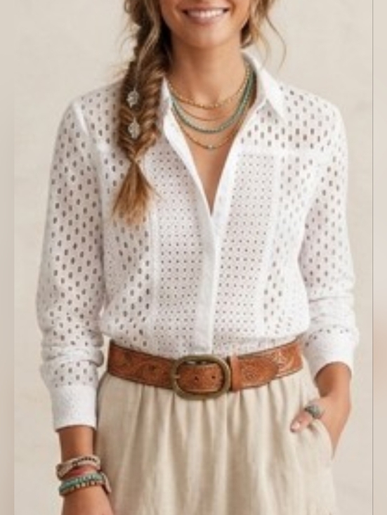 exetera Tops - Exetera Women White Eyelet Cotton Shirt Size L Button Front Peasant Bohemian
